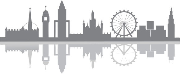 London Skyline Silhouette Reflected: A stylized cityscape silhouette of London gracefully mirrored in a tranquil expanse, presenting iconic architecture in monochromatic elegance.