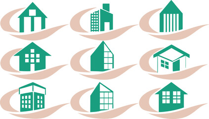 Real Estate Icon Set: Collection of nine teal-colored building icons, including houses, apartments, and commercial buildings, set against a soft beige background.  Perfect for branding, websites.