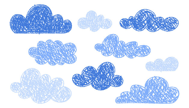 Hand-drawn crayon clouds set. Kids elements for  preschool materials. Playful sky. Cute cartoon weather symbols. Isolated vector illustration