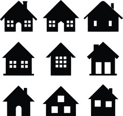 Diverse Silhouette of Dwellings: A versatile collection of minimalist house silhouettes, each showcasing unique architectural details, offering a range of residential options.