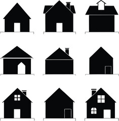 Geometric House Icons: Nine minimalist house icons in black silhouette, perfect for illustrating real estate, home services, or architectural design concepts. Minimalist illustration