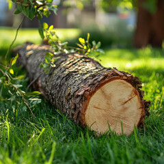 Felled tree trunk with branches lying on green grass in garden