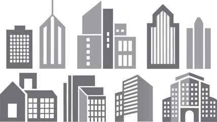 Architectural Icons: A compilation of minimalist building icons captures the essence of urban skylines, blending modern design with geometric precision.
