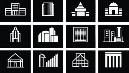 Architectural Icons: A set of stylized architectural icons on a dark background, each representing a distinct building type, ideal for illustrating concepts related to urban planning, construction.
