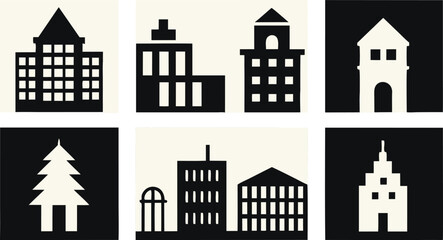 Cityscape Icons: A set of eight minimalist building icons, depicting various architectural styles in a black and white design. Perfect for urban design projects, presentations, or app interfaces.