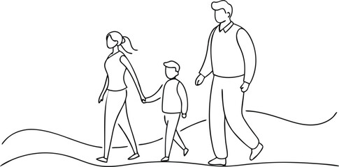 Family Walk: A simple line illustration depicts a family of three, a mother, father, and child, holding hands as they walk together, symbolizing love, unity and togetherness.