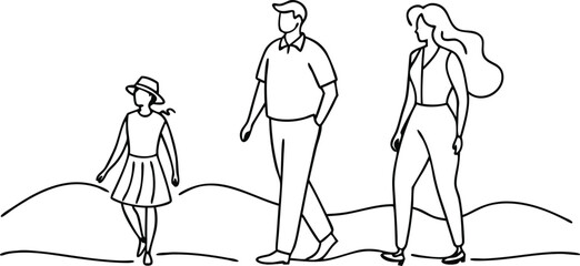 Family Leisure Stroll: Minimalist illustration captures a family of three enjoying a leisurely walk outdoors, representing togetherness and simple joys of quality time. 