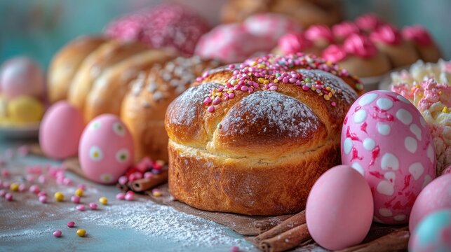 Decorated easter bread and colorful eggs on a table easter baking