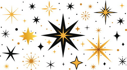 Sparkling Night: An illustrative array of radiant stars, in gold and black, twinkle against the backdrop of the deep night. Capturing celestial bodies.