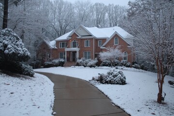 A large brick house with a circular driveway is surrounded by trees and shrubs, all blanketed in fresh winter snow