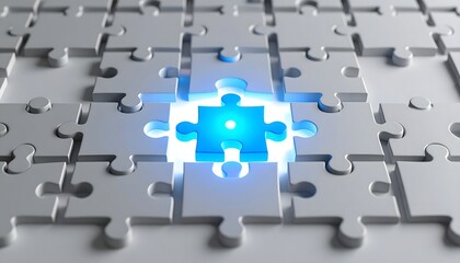 Central Puzzle Piece Illuminated in Bright Blue Light