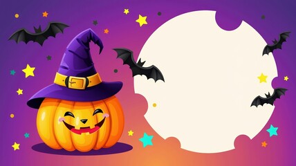 cheerful pumpkin with witch hat surrounded by bats and stars on colorful background, perfect for halloween celebrations and party invitations