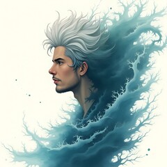 Double Exposure Anime Art – White-Haired Man Merged with Ocean Waves in Dynamic Metropolis Scene