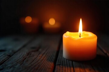 Flickering Candlelight Warm, Cozy Macro Shot of Candle Flame on Dark Wood, Perfect for Relaxation, Spa, and Autumn Themes