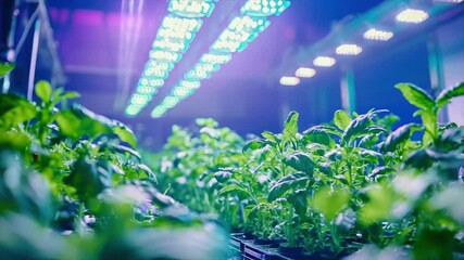 Lush green plants thrive under vibrant LED grow lights in a controlled indoor environment - Powered by Adobe