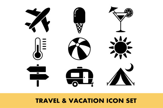 Travel and vacation icons depicting leisure and adventure essentials for global exploration needs