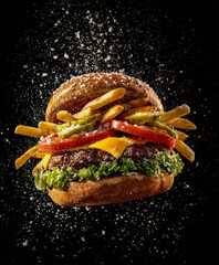 Flying through a dark void, a realistic  cheeseburger collides with airborne chips and salt, forming a visually stunning explosion of flavor, detail, and food photography magic.