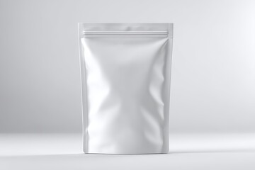A plain, white, resealable stand-up pouch bag displayed on a neutral background, ideal for product packaging mockups
