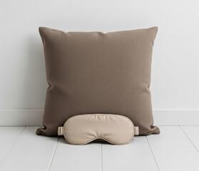 Mockup Of Brown Linen Cushion And Beige Padded Mask Aligned Symmetrically On White Wood Floor