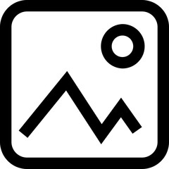 Icon of a landscape with mountains and a sun inside a rounded square border, simple black and white design