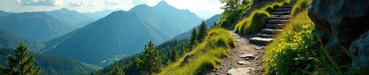 Winding Mountain Hiking Trail Sun Dappled Path to Distant Peak, Adventurous Nature Scene