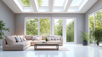 Fototapeta premium Light-filled modern living room with large windows