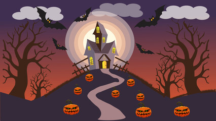 A spooky haunted house stands eerily on a hill under a large, glowing full moon, surrounded by bare, gnarled trees, flying bats, and menacing jack-o'-lanterns, perfectly capturing the classic, mystery