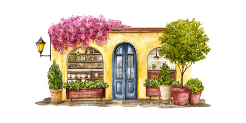 Charming Mediterranean Cafe Facade With Vibrant Flowers And Rustic Decor Watercolor Illustration Isolated On Transparent Background