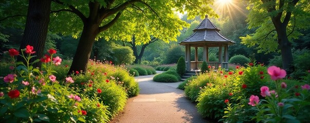 Serene Garden Path Winding Walkway to Tranquil Gazebo, Lush Greenery, Vibrant Flowers, Summer Sunlight, Peaceful Retreat