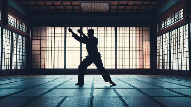 Martial artist practices form in a traditional dojo at sunset creating a powerful silhouette against shoji screens