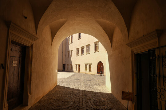 Inner Courtyard of Fagaras Citadel, 14th Century Fortress in Fagaras, Brasov County, Transylvania, Romania &ndash; Historic Medieval Landmark