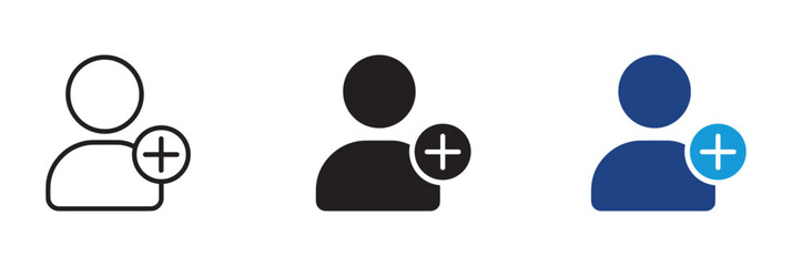 Following icon symbol set , Add new user icon set. Person profile avatar with plus. Add user profile icon.  Vector illustration.