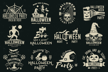 Set of Halloween celebration collection with retro grunge effect. Halloween party retro templates, badges, seals, patches. Concept for shirt or logo, print, stamp. Typography design- stock vector.