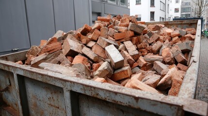 A large dumpster is filled with broken bricks and construction debris in an urban area