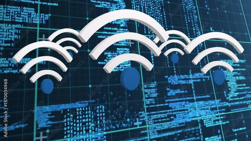 Poster when teal grid scrolling code, three wireless icons fading rotating showing network coming online