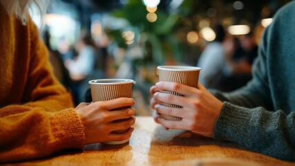 Two people are enjoying a warm beverage together in a cozy cafe, holding disposable coffee cups at a wooden table, creating a sense of togetherness and relaxation