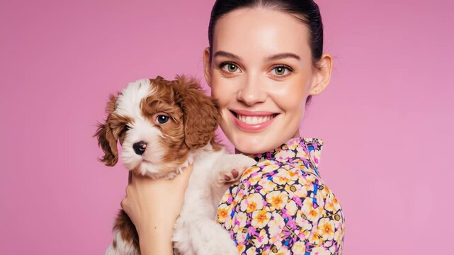 Young caucasian woman holding a cute puppy against a pink background, showing affection for the pet in a studio setting footage.