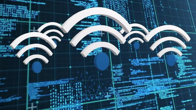 When teal grid scrolling code, three wireless icons fading rotating showing network coming online