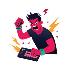 Raging gamer smashing keyboard digital glitch explosion Vector illustration