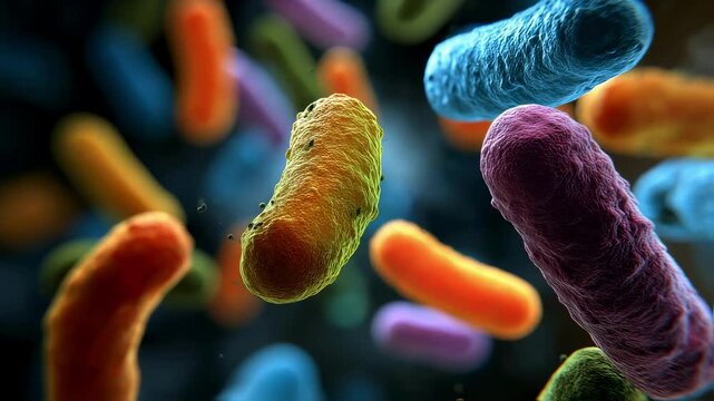 Microscopic view of various colorful bacteria floating in a dark environment, possibly multiplying and spreading infection, representing concepts of disease, healthcare, and microbiology research