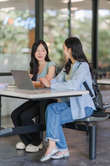 Fototapeta premium Two Young Women Studying Together with Laptop