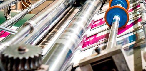 Printing at high speed on offset machine. Label, Rolled Up, Printing Out, Group of Objects,...