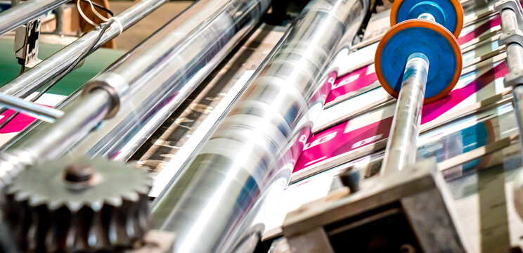 Printing at high speed on offset machine. Label, Rolled Up, Printing Out, Group of Objects, Merchandise