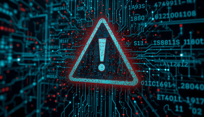 Digital warning sign highlighting a cyber security threat on a glowing circuit board, perfect for technology and security themes.