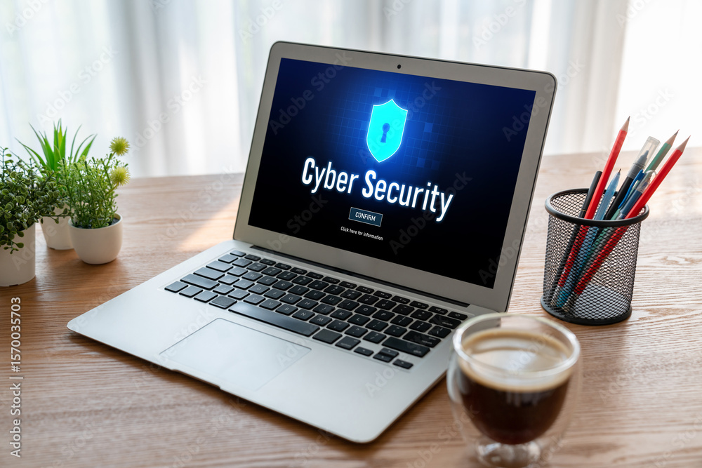 Poster cyber security system on computer screen protect private information snugly from hacker and cyber at