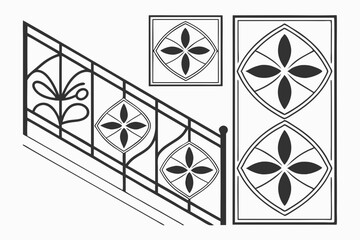 Elegant black and white staircase railing design with decorative floral elements suitable for architecture and interior projects.