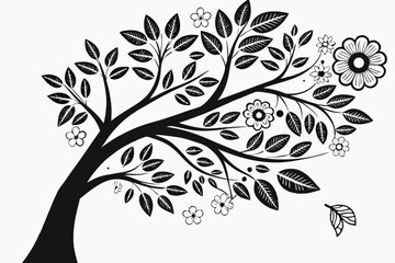 Obraz premium Elegant black and white tree illustration with floral elements on a transparent background ideal for designs