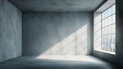 Obraz premium Empty sunlit concrete room with large window, casting shadows on the floor and walls, overlooking a cityscape with high-rise buildings