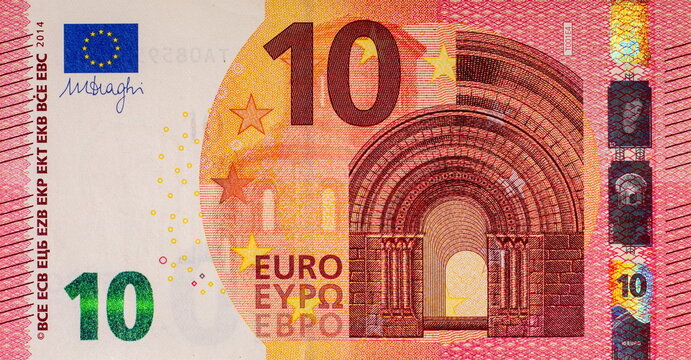 10 euro banknote, fragment for designers. Money of the European Union and Europe. - Powered by Adobe