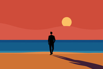 Figure Walking Along Beach at Sunset